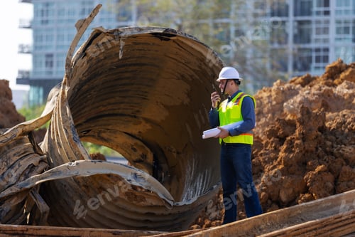 Preview: A construction engineer inspecting a crushed drain pipe