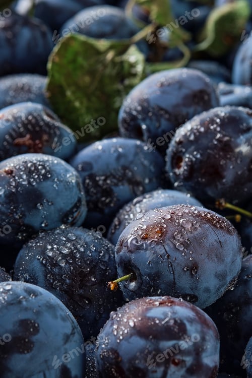 Preview: Vertical background of fresh organic plums in water drops, close-up