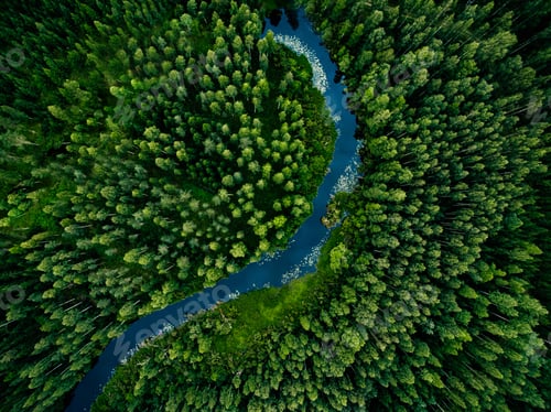 Preview: Aerial view of green grass forest with pine trees and blue bendy river flowing through the forest