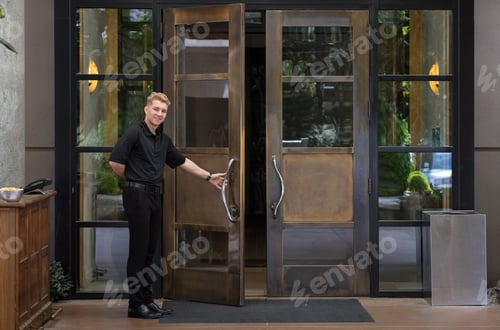 Preview: Bellhop standing at wooden reception desk of a downtown hotel.