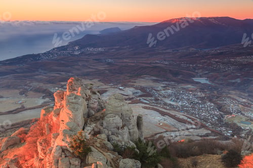 Preview: View of the beautiful landscape of misty mountain peak