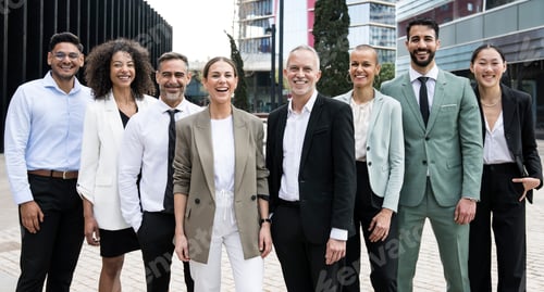 Preview: Laughing group of multiethnic businessman and businesswoman looking at camera. Multiracial happy and