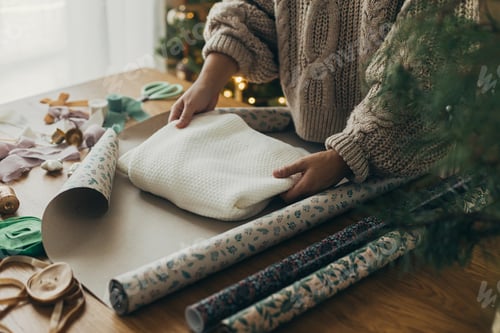 Preview: Wrapping christmas gifts. Hands in cozy sweater wrapping stylish sweater in festive wrapping paper