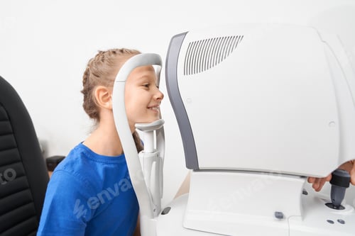Preview: Girl checking eye vision with ophthalmologic equipment