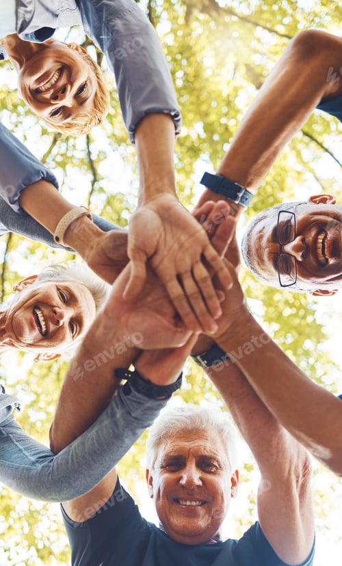 Preview: Hands, together and support with solidarity outdoor and group, diversity and team building in natur
