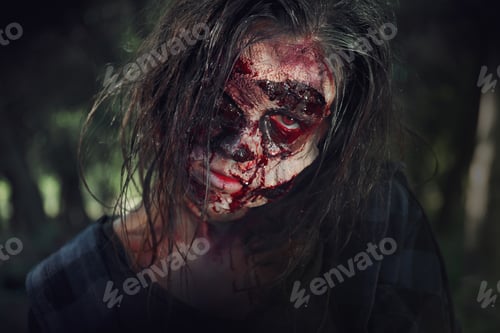 Preview: Scary zombie with bloody face outdoors, closeup. Halloween monster