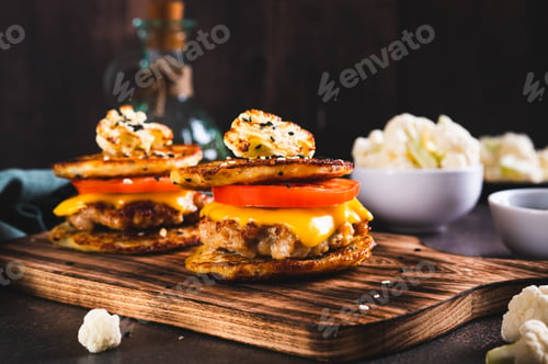 Preview: Keto burgers on cauliflower fritters with cutlet, tomato and cheese on a board