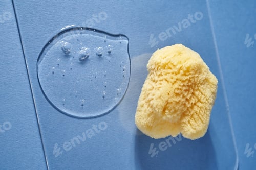 Preview: A natural sponge and a drop of gel or shampoo on a blue background.