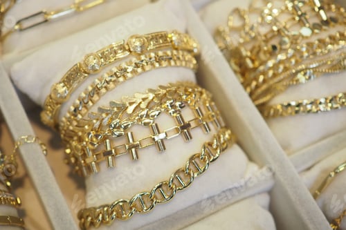 Preview: Elegant gold bracelets displayed in a jewelry showcase