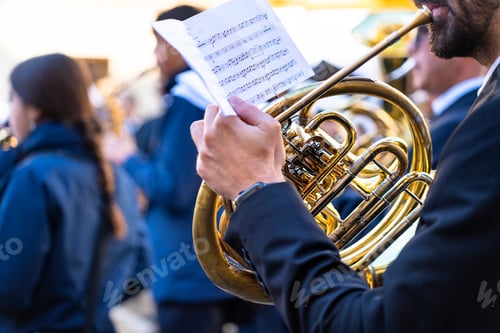 Preview: Wind instrument music band making music on the street.