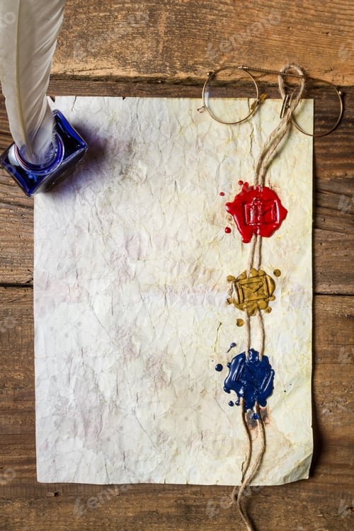 Preview: Old damaged sheet of paper with inkwells and three sealing wax