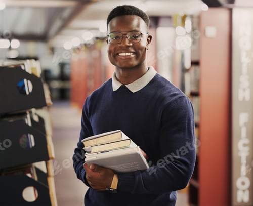 Preview: Student, university and portrait of black man in library for learning, education and reading books.