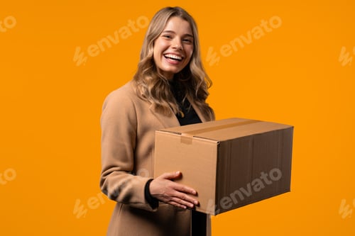 Preview: Excited smiling businesswoman, online shopping consumer received cardboard order parcel box