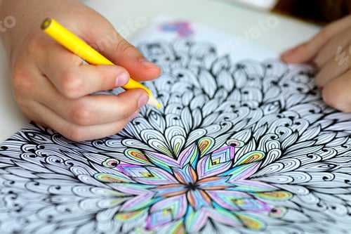 Preview: Close-up of girls hands draw with crayons in antistress coloring.