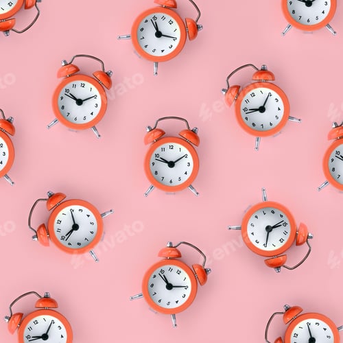 Preview: Flat lay retro beautiful new alarm clock on coral red color background