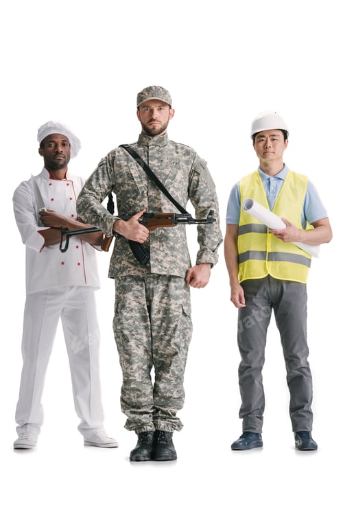 Preview: soldier with rifle, chef and architect isolated on white