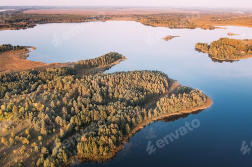 Preview: Braslaw District, Vitebsk Voblast, Belarus. Aerial View Of Ikazn Lake, Green Forest Landscape. Top