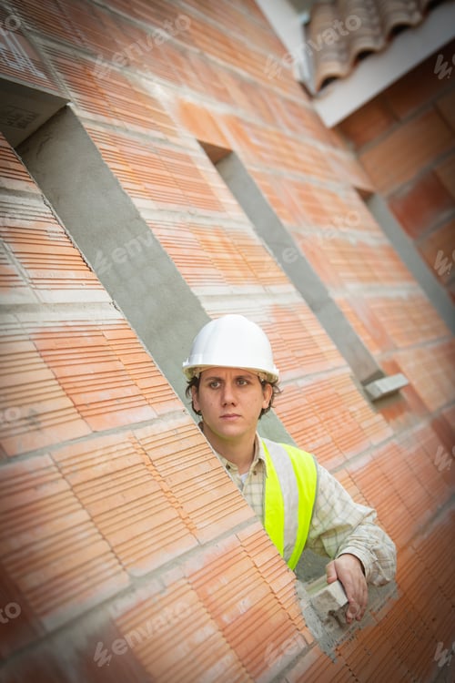 Preview: Professional Engineer Architect Worker With Protective Helmet At House Building Construction Site