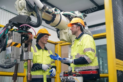Preview: Robotics control engineers control panel for industrial robot arm controller in production plant