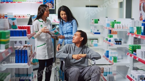 Preview: Male client in wheelchair and caretaker talking to pharmacist