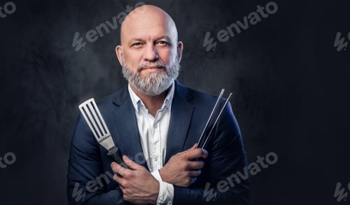 Preview: Old man with kitchen spatula and tongs against dark background