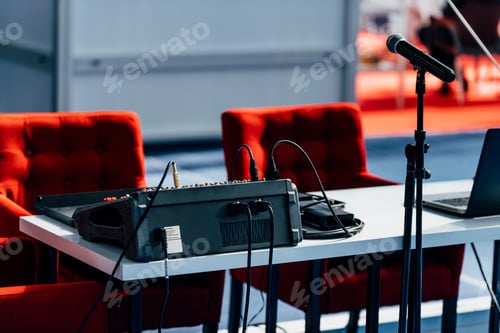 Preview: Press Conference Hall. Two Red Chairs, Microphone And Sound Mixe