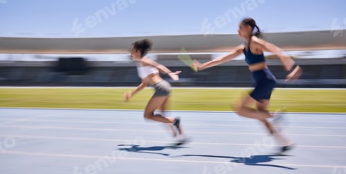 Preview: Relay race, running and sports women at a stadium for training, energy and workout. Sport, runner a