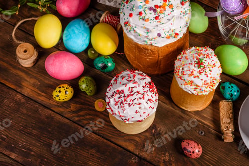 Preview: Easter cake and colorful eggs on a dark background