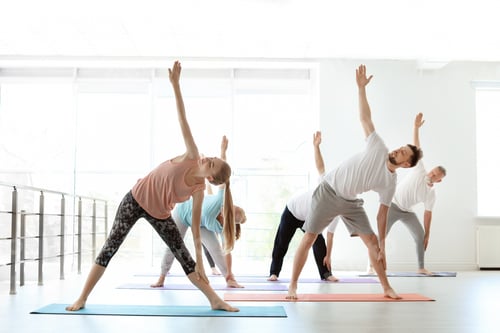 Preview: Group of people in sportswear practicing yoga indoors