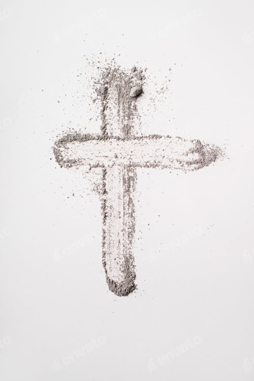 Preview: Ash cross symbol on white background for lent and religious reflection. Ash Wednesday