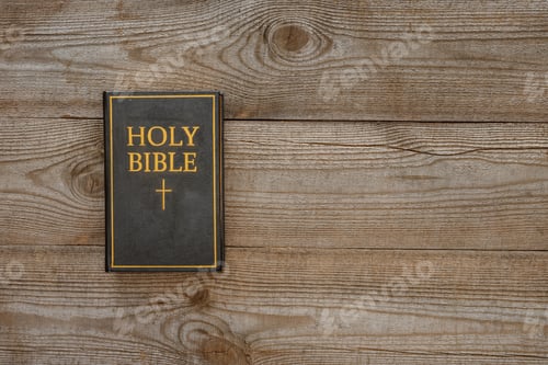 Preview: top view of holy bible on rustic wooden table