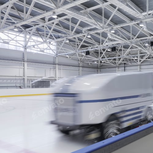 Preview: Zamboni ice resurfacing machinery, smoothing and repairing ice rink, motion blur.
