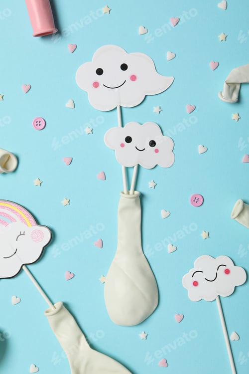 Preview: Concept of party decor and confetti, balloons and candles.