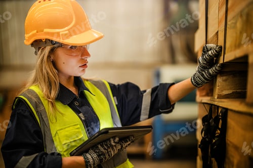 Preview: woman worker carpenter checking the quality of wooden products a