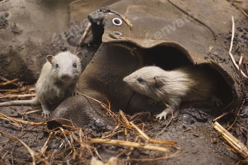 Preview: Closeup shot of 2 rats by an old muddy boot - Rattus