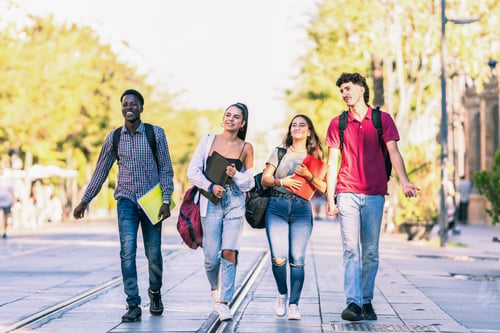 Preview: Group of friends of different ethnicities walking in a pedestrian street