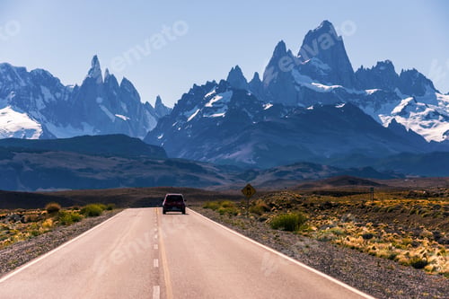 Preview: Long straight road to El Chalten, with Mount Fitz Roy (aka Cerro Chalten) behind, El Chalten, Patago