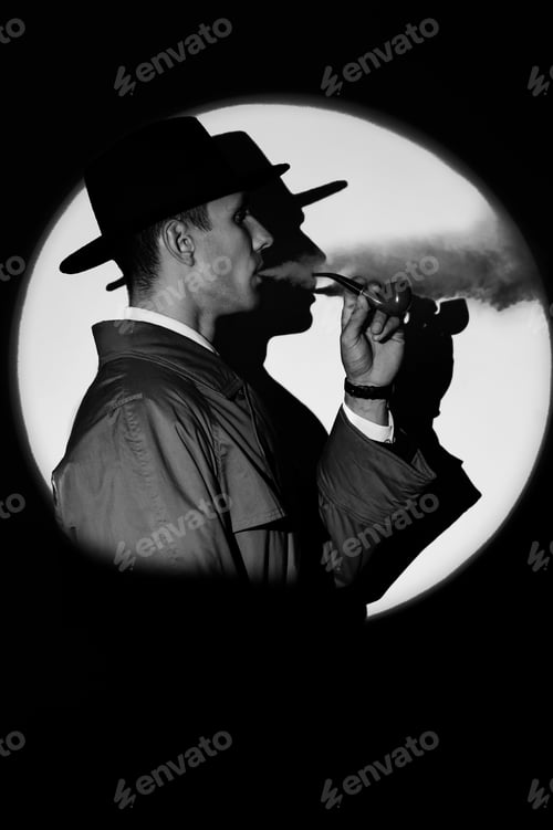 Preview: A dark silhouette of a male detective in a coat and hat smoking a pipe in the noir style.