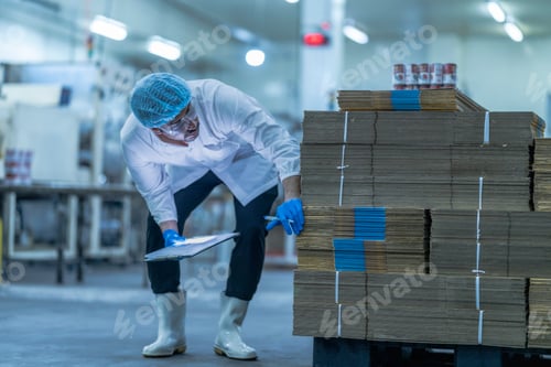 Preview: processing supervisor in protective gear inspecting packaging materials