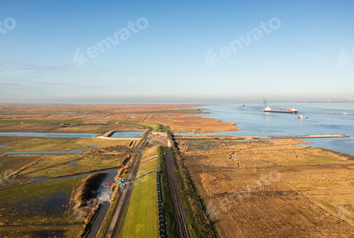 Preview: Netherlands, Doel, Aerial view of old dyke and coastline
