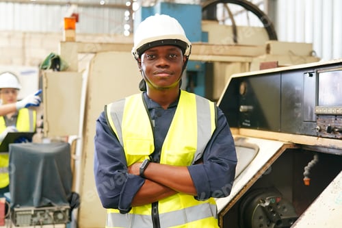 Preview: Robotics engineer working on maintenance of modern robotic arm in factory warehouse
