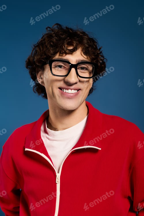 Preview: Stylish young man exudes confidence in vibrant attire against a bold blue backdrop
