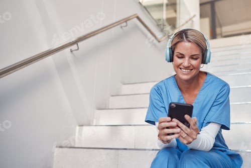 Preview: Doctor, phone and stairs for consultation, communication or video call outside hospital for health