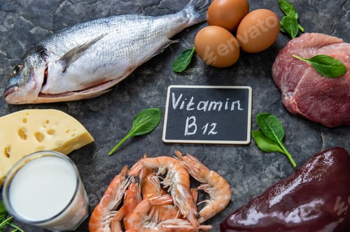 Preview: Foods that contain vitamin B12. Selective focus.
