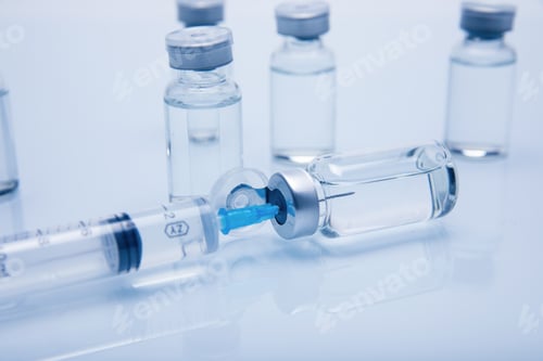 Preview: Closeup of glass medicine or injection vials with liquid and a syringe
