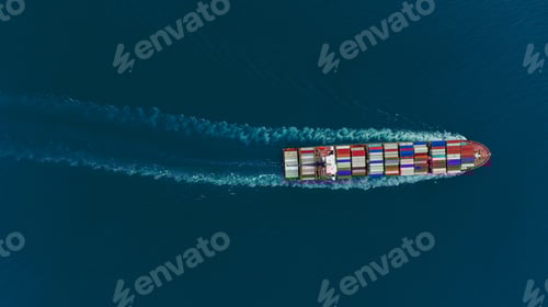 Preview: Aerial top view of cargo maritime ship with contrail in the ocean ship carrying container