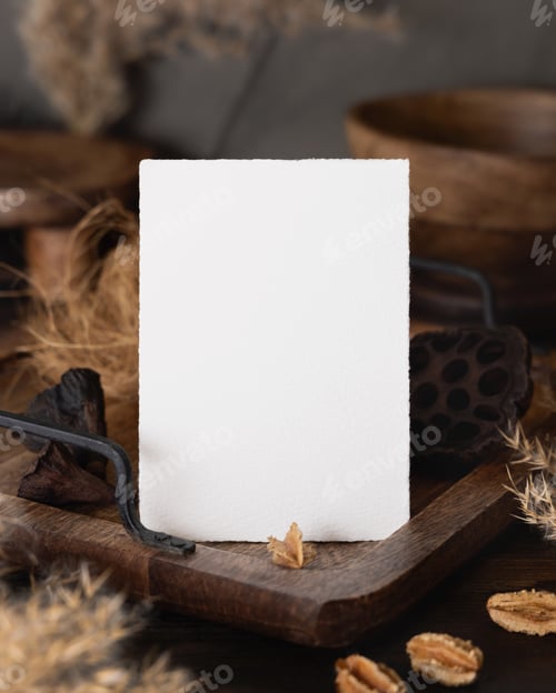 Preview: Vertical card on wooden tray near brown decor and grey linen cloth closeup, boho mockup