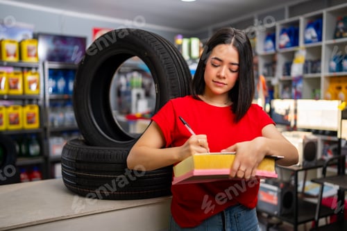 Preview: Woman writing on a notepad, holding an air filter near tires in an auto parts store