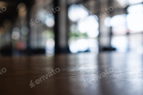 Preview: Wooden table top with blurred background in cafe