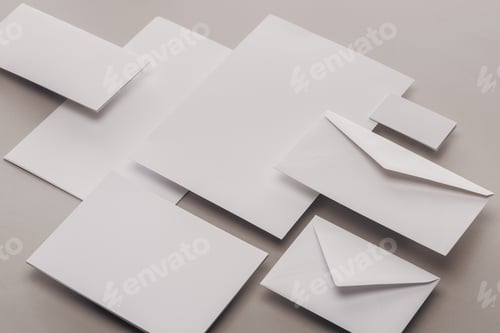 Preview: flat lay with blank white papers and envelopes on grey background